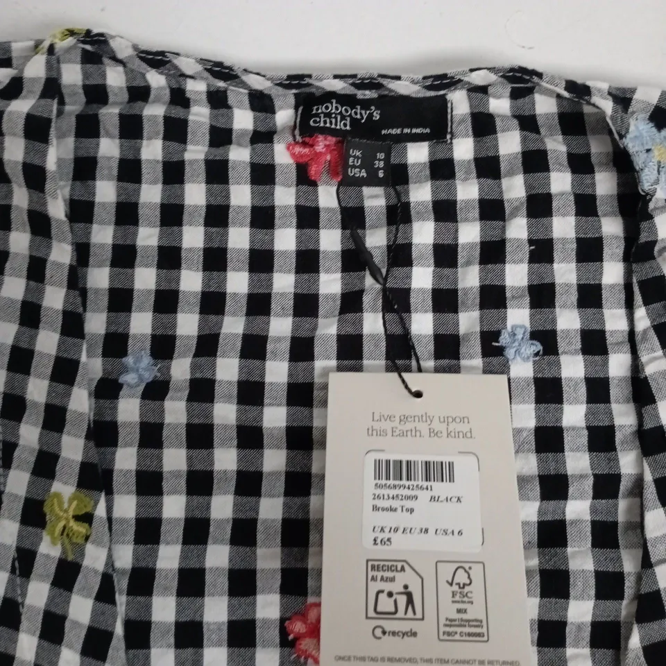 NOBODY'S CHILD BROOKE TOP - BLACK & WHITE GINGHAM WITH FLORAL EMBROIDERY, UK 10 (KIDS)