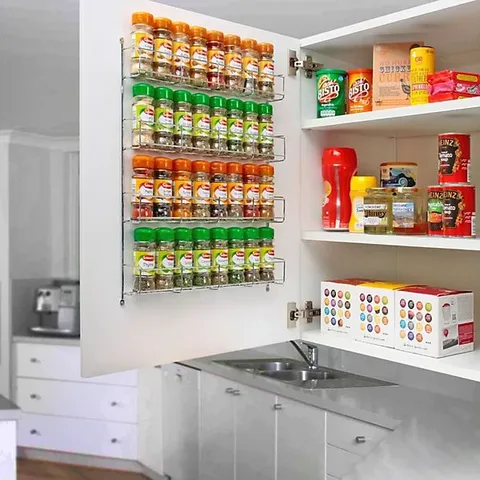 BOXED 4 TIER SPICE RACK FOR KITCHEN DOOR CUPBOARD OR WALL