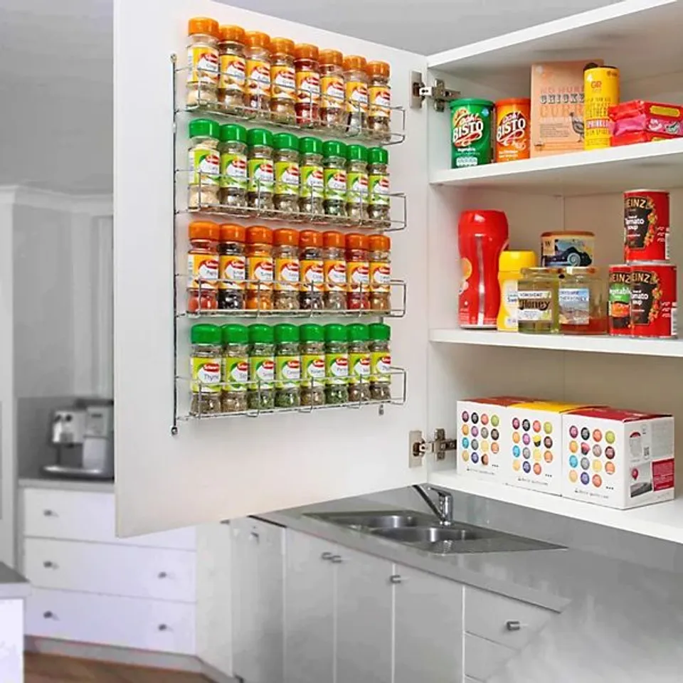 BOXED 4 TIER SPICE RACK FOR KITCHEN DOOR CUPBOARD OR WALL