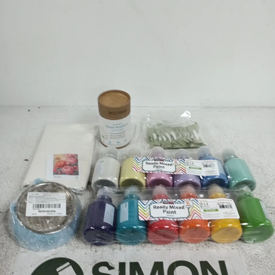 APPROXIMATELY 15 ASSORTED ITEMS INCLUDING HOBBYCRAFT READY MIXED PAINT, ECOEGG LAUNDRY SCENT BOOSTERS AND A RAISED CAT BOWL