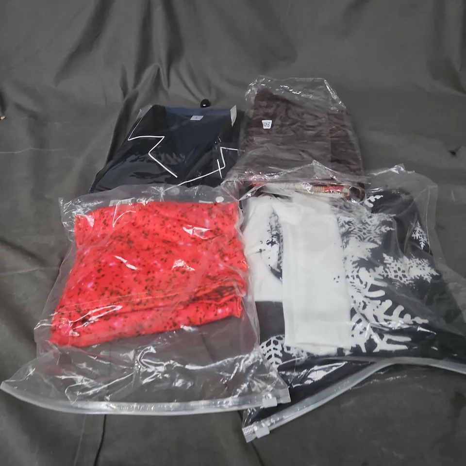 BOX OF APPROXIMATELY 25 ASSORTED CLOTHING ITEMS TO INCLUDE RED SHIRT, PYJAMAS, CHRISTMAS JUMPER, KNITTED JUMPER ETC