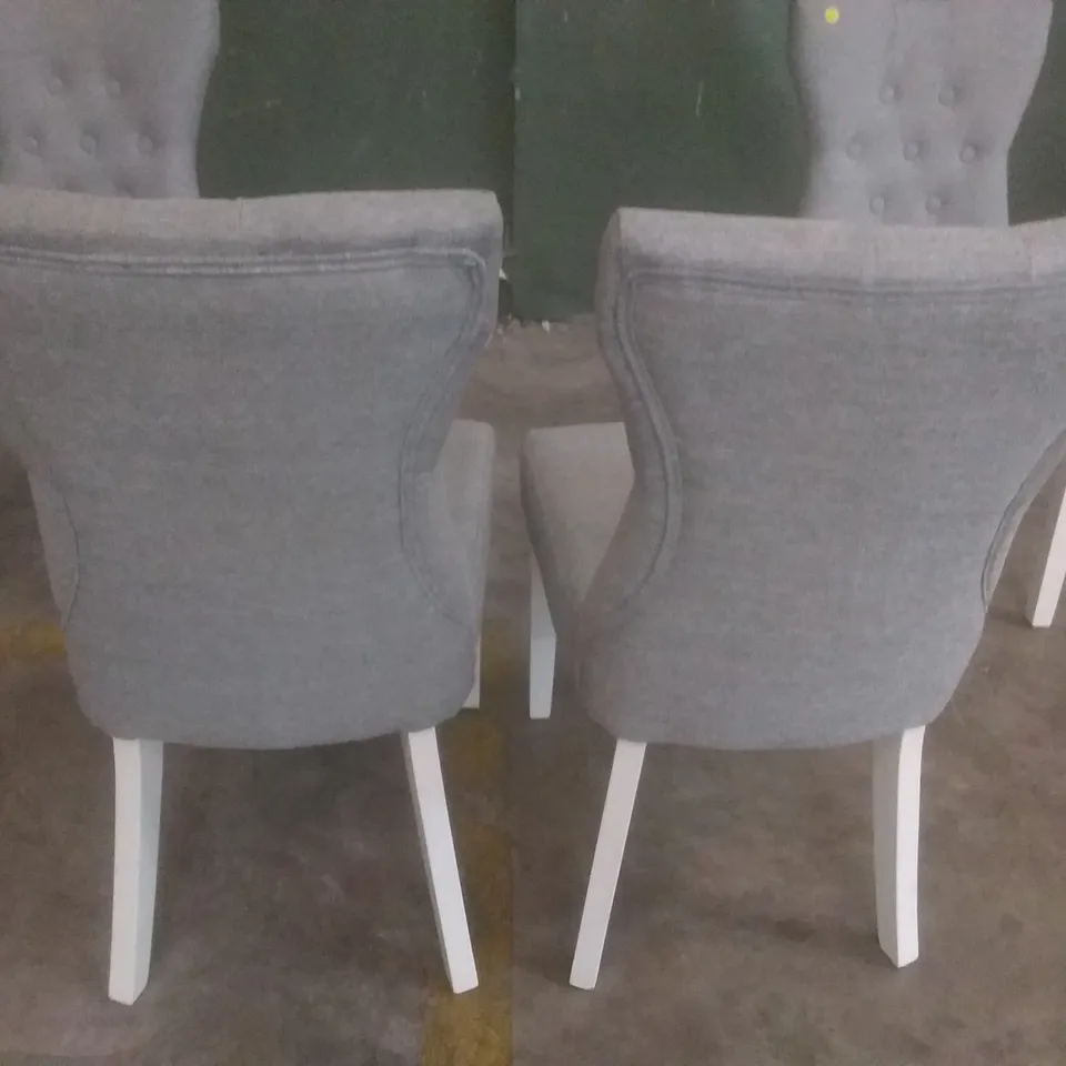 SET OF 4 BEWLEY LIGHT GREY FABRIC BUTTON BACK DINING CHAIRS (WHITE LEG)