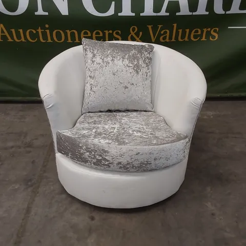 QUALITY DESIGNER CRUSHED VELVET & LEATHER 360° SWIVEL CUDDLE CHAIR - SILVER/WHITE