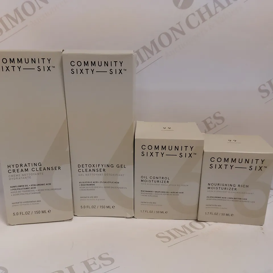 LOT OF 4 ASSORTED COMMUNITY SIXTY SIX PRODUCTS TO INCLUDE DETOXIFYING GEL CLEANSER 150ML, OIL CONTROL MOISTURIZER 50ML, NOURISHING RICH MOISTURIZER 50ML, ETC