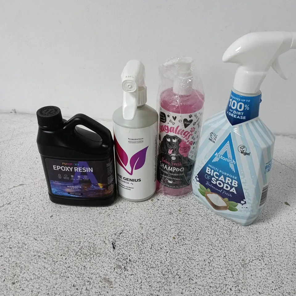 APPROXIMATELY 10 ASSORTED HOUSEHOLD LIQUID PRODUCTS TO INCLUDE EPOXY RESIN, ASTONISH BICARB OF SODA, PURE GENIUS MOULD CHECK, ETC - COLLECTION ONLY