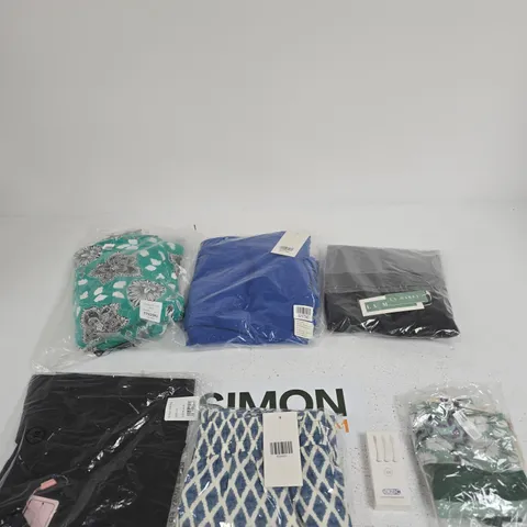 BOX OF APPROXIMATELY 15 ASSORTED ITEMS INCLUDING LA MAREY BLACK LINEN TROUSERS, EMELIAX CLASSICS EMELIA PRINT MIDI DRESS AND STYLES BY BLUE TROUSERS