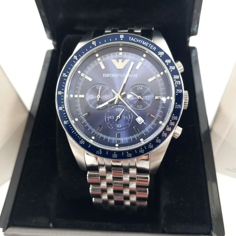 BOXED EMPORIO ARMANI STAINLESS STEEL WRIST WATCH