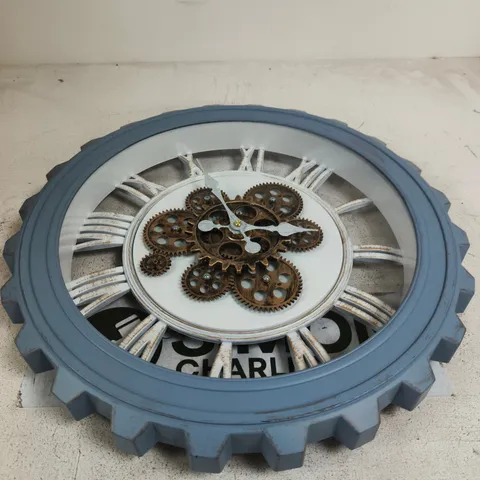 BLISS & BEYOND BLUE GEAR WALL CLOCK WITH EXPOSED BRASS GEARS 