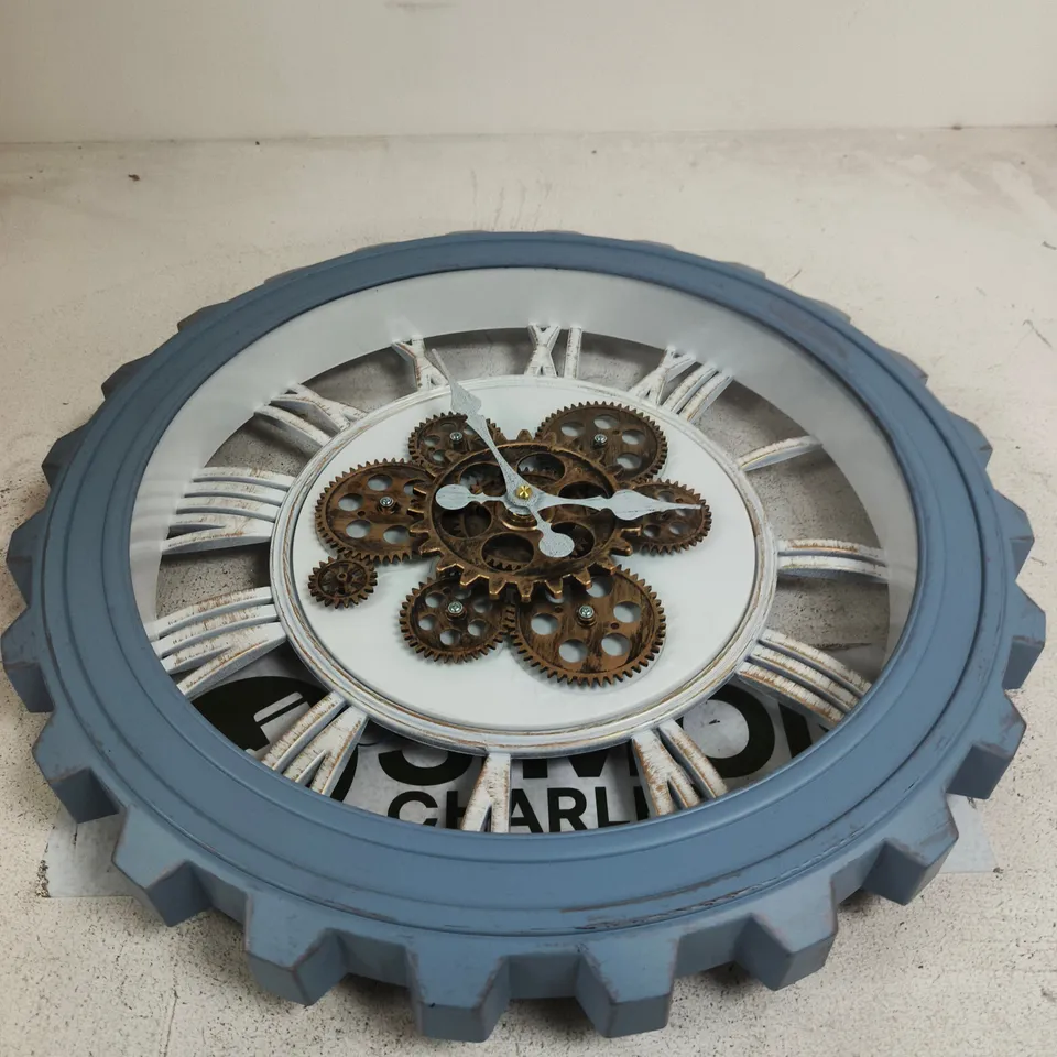 BLISS & BEYOND BLUE GEAR WALL CLOCK WITH EXPOSED BRASS GEARS