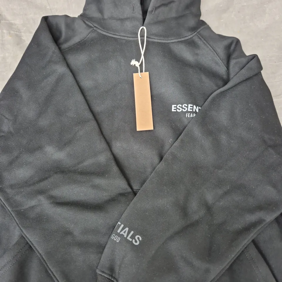 ESSENTIALS FEAR OF GOD LONG SLEEVE PULL-OVER HOODIE IN BLACK SIZE SMALL