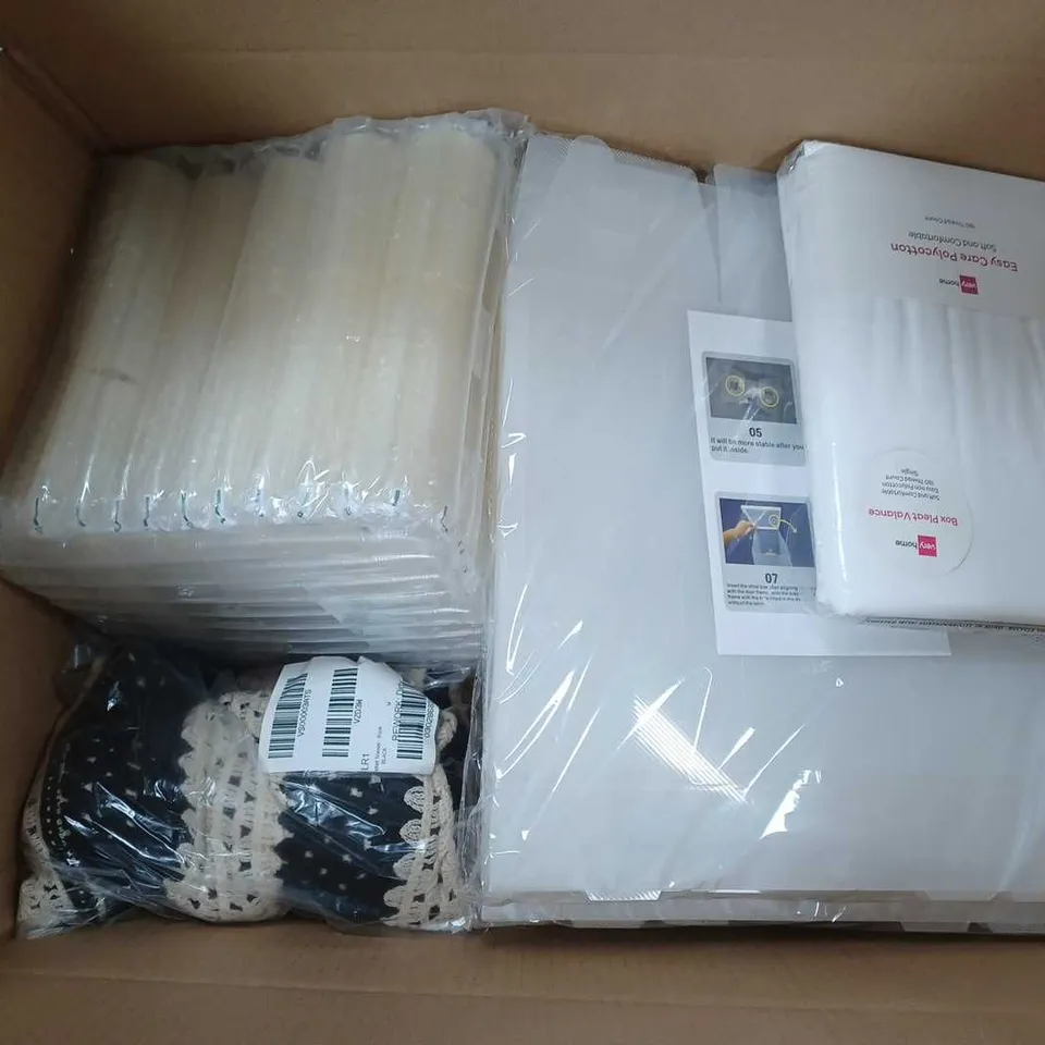 APROXIMATELY 6 ASSORTED HOUSEHOLD ITEMS TO INCLUDE SHOE BOX, PLEAT VALANCE, CROCHET TROUSERS, ETC
