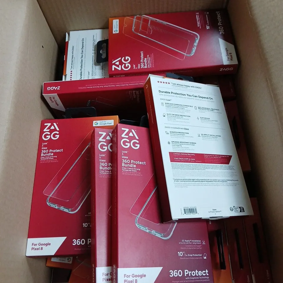 BOX OF APPROXIMATELY 40 ZAGG LUXE 360 PROTECT BUNDLE CASE FOR GOOGLE PIXEL 8 – CASE & SCREEN PROTECTOR