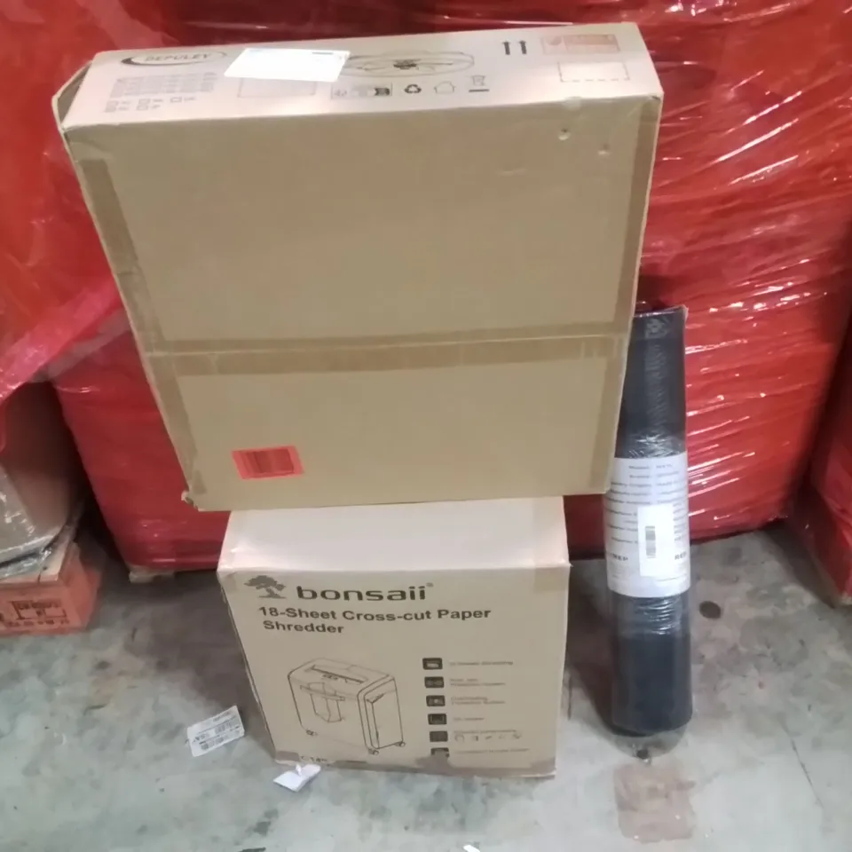 PALLET OF ASSORTED HOUSEHOLD GOODS AND PRODUCTS TO INCLUDE;CHAIR MAT,CEILING FAN,PAPER SHREDDER