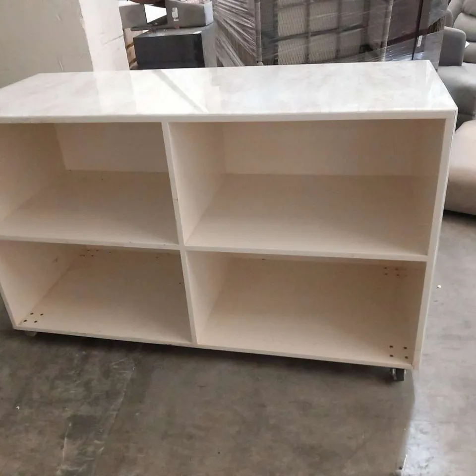 DESIGNER GLASS FRAMED MARBLE MOBILE SERVER UNIT WITH TWO TIER SHELVING