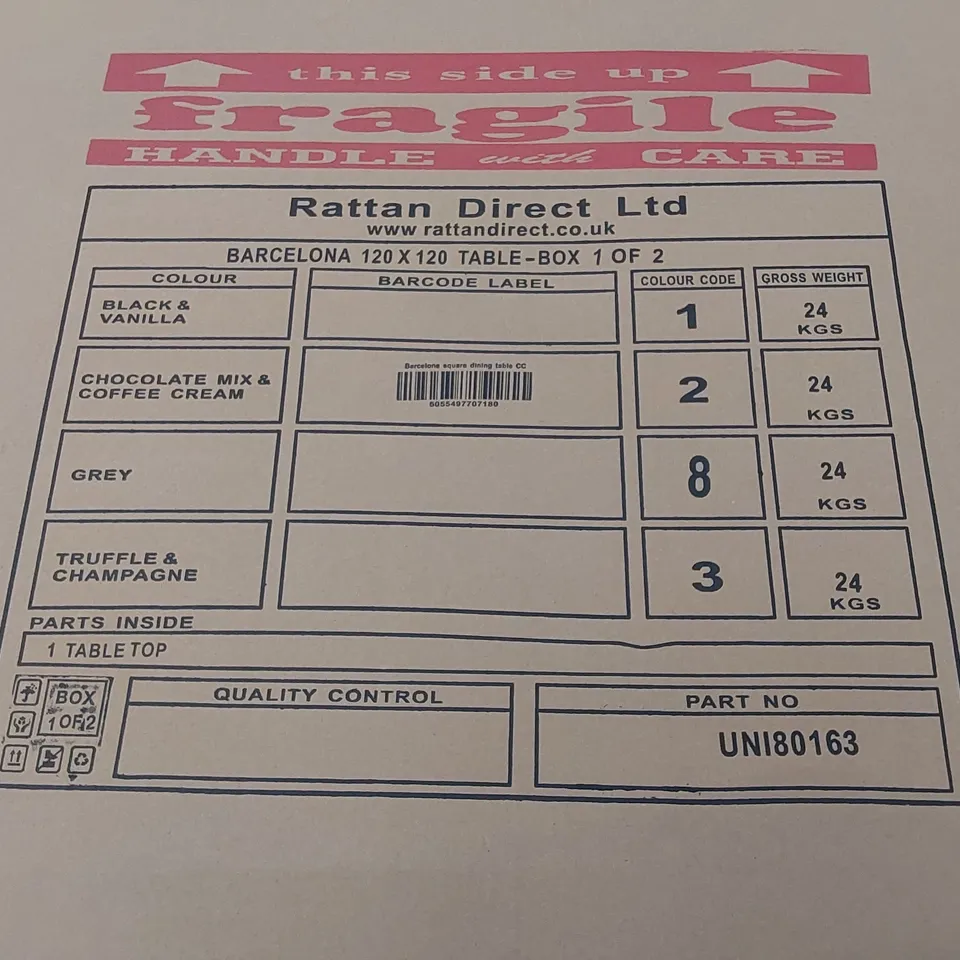 BOXED BARCELONA RATTAN TABLE WITH GLASS TOP // 120 X 120cm (2 BOXES)