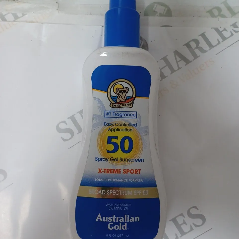BOX OF APPROX 10 EXOTIC BLEND AUSTRALIAN GOLD X-TREME SPORT SPRAY GEL SUNSCREEN. 