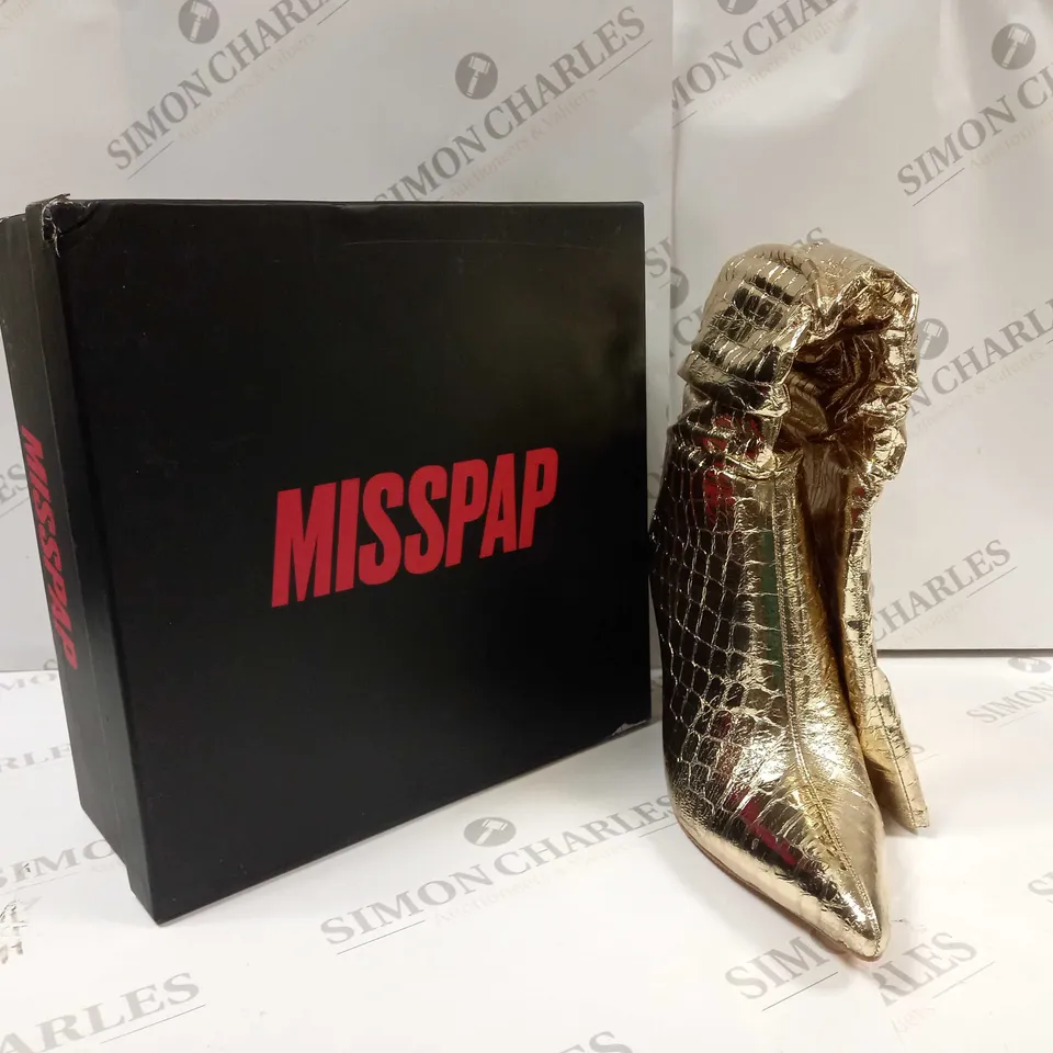 BOXED PAIR OF MISSPAP METALLIC RUCHED CROC KNEE HIGH BOOTS UK SIZE 7
