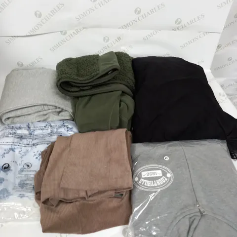 LARGE BOX OF ASSORTED CLOTHING ITEMS IN VARIOUS COLOURS AND SIZES INCLUDING TROUSERS , TOPS AND JUMPERS