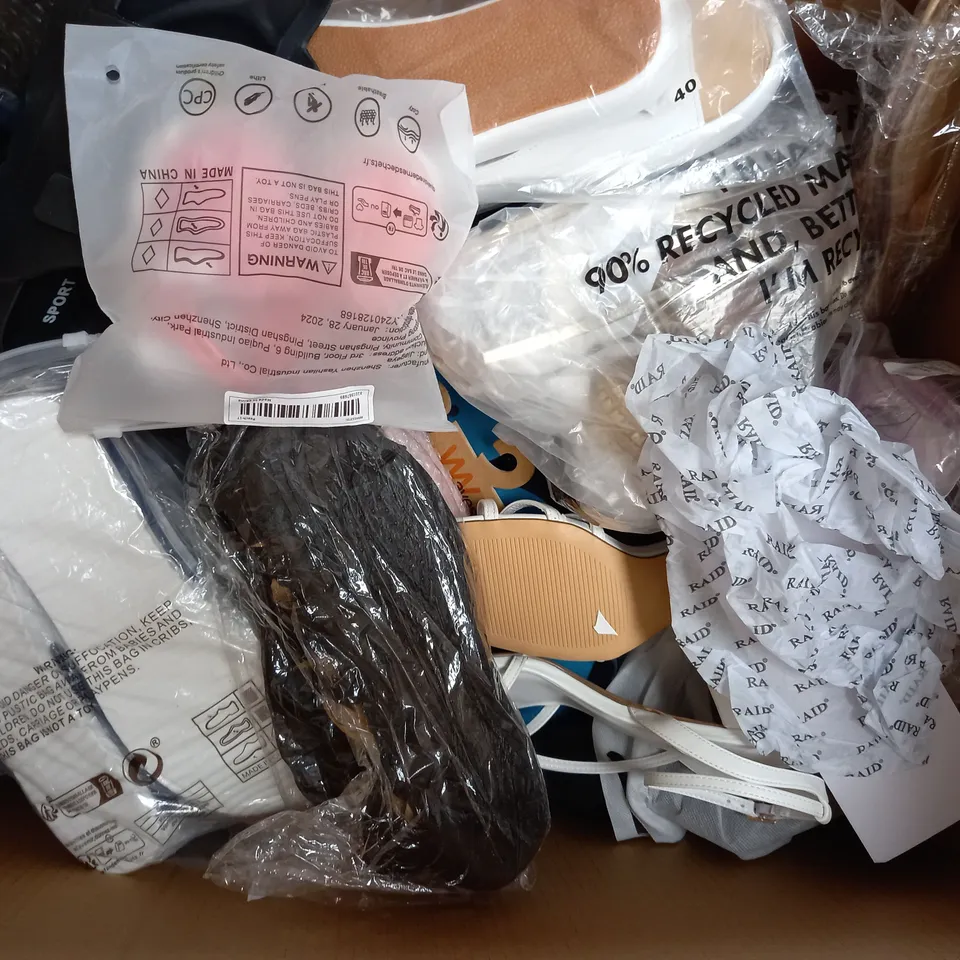 BOX OF APPROXIMATELY 15 ASSORTED PAIRS OF SHOES AND FOOTWEAR ITEMS IN VARIOUS STYLES AND SIZES TO INCLUDE TOPSHOP, PUBLIC DESIRE, RAID, ETC - COLLECTION ONLY
