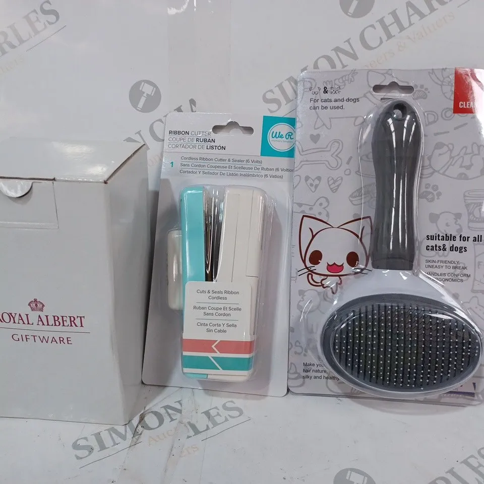 BOX OF APPROXIMATELY 20 ASSORTED HOUSEHOLD ITEMS TO INCLUDE PET BRUSH, RIBBON CUTTER, ROYAL ALBERT GIFTWARE GLASS, ETC