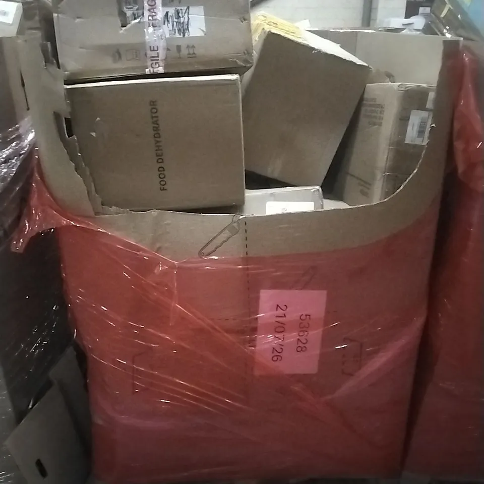 PALLET OF ASSORTED HOUSEHOLD GOODS AND PRODUCTS TO INCLUDE; FOOD DEHYDRATOR, CHAIR, BOXED FURNITURE ETC