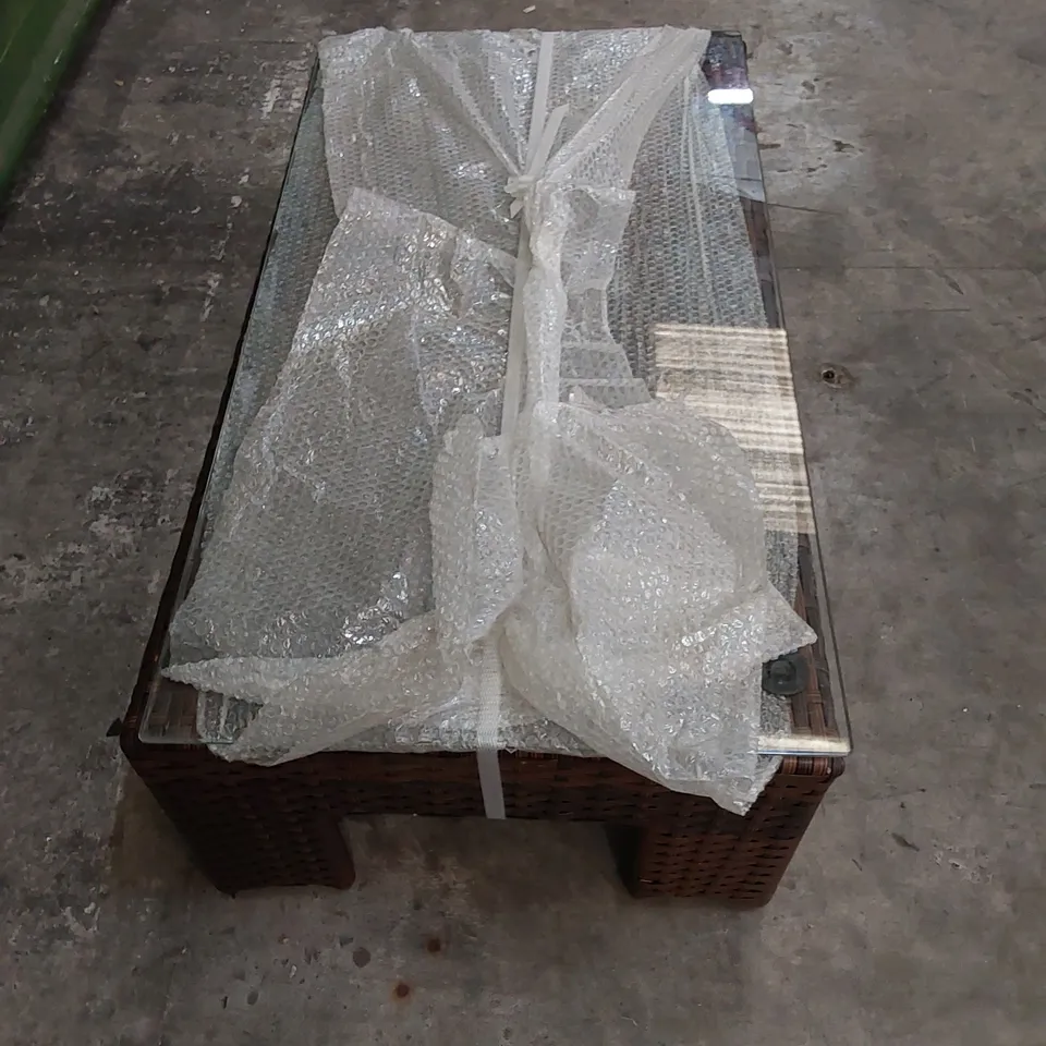 DESIGNER SMALL CHOCOLATE MIX RATTAN COFFEE TABLE WITH GLASS TOP