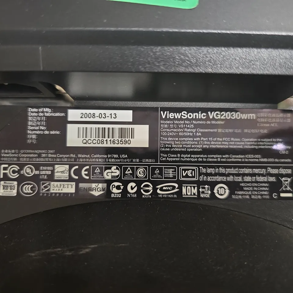 VIEWSONIC VG2030WM 20-INCH LCD MONITOR