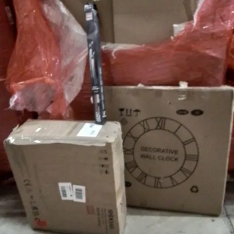 PALLET OF ASSORTED HOUSEHOLD GOODS AND PRODUCTS TO INCLUDE;COOKER HOOD,WALL CLOCK,BOSCH WINDOW WIPERS 