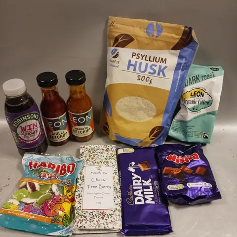 APPROXIMATELY 15 ASSORTED FOOD/DRINK PRODUCTS TO INCLUDE PSYLLIUM HUSK, LEON SAUCES, DAIRY MILK CHOCOLATE ETC