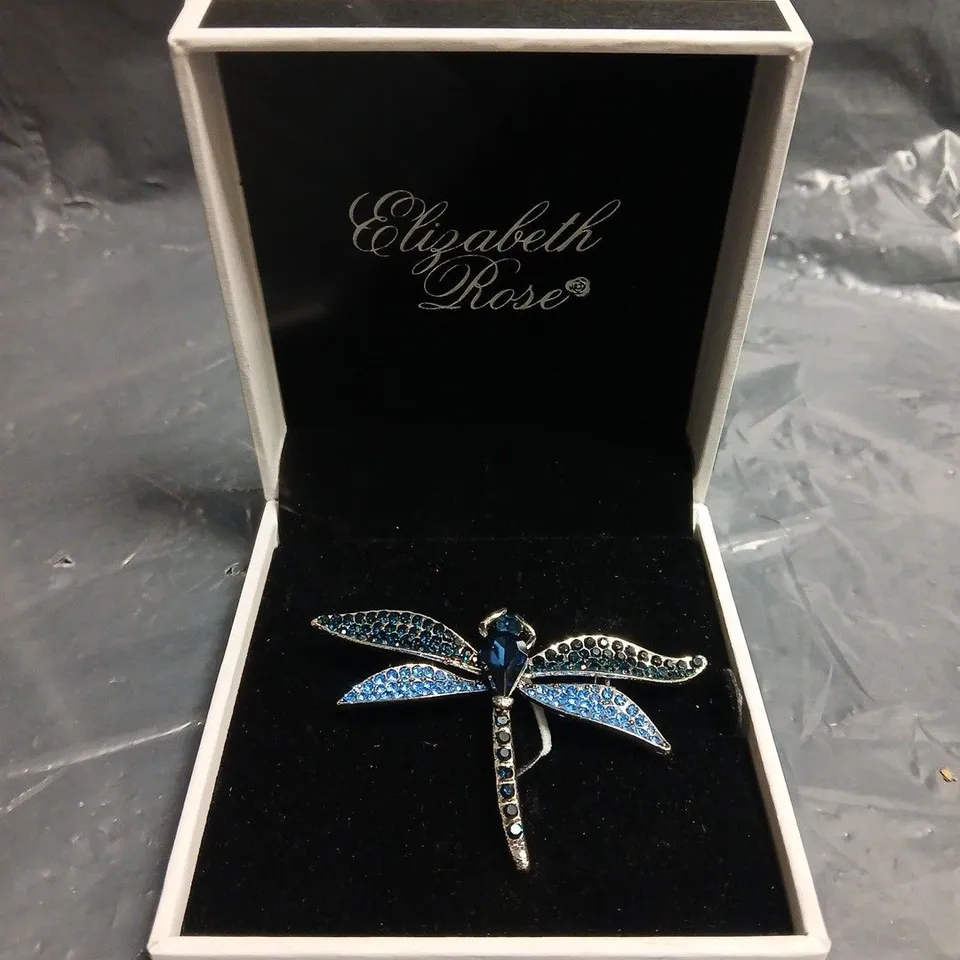 ELIZABETH ROSE DRAGONFLY BROOCH WITH BLUE GEMSTONES IN PRESENTATION BOX