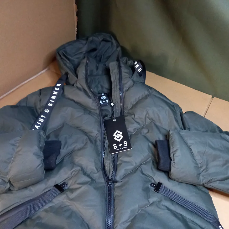 SAINT & SINNER KHAKI PADDED/HOODED COAT - SIZE 8