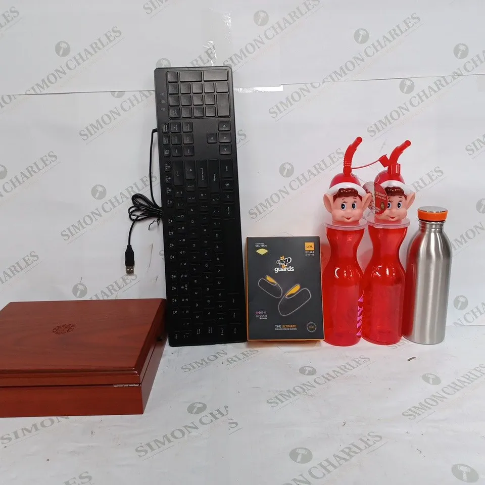 BOX OF APPROX 20 ASSORTED ITEMS TO INCLUDE - CREP & GUARD ANTI CREASE - ELF REUSEABLE BOTTLE - WIRELESS KEYBOARD ECT