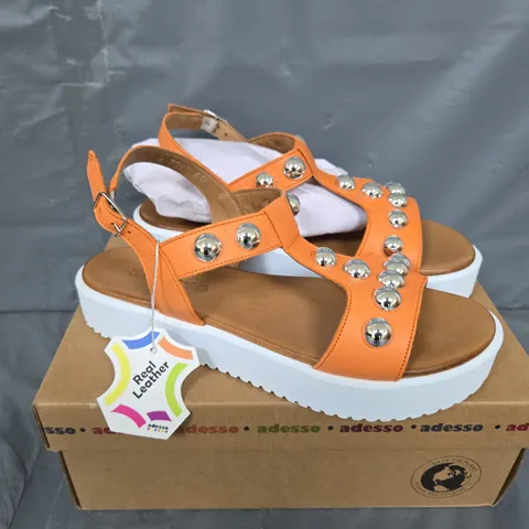 BOXED PAIR OF ADESSO OPEN TOE STRAPPY SHOES IN ORANGE - SIZE 40