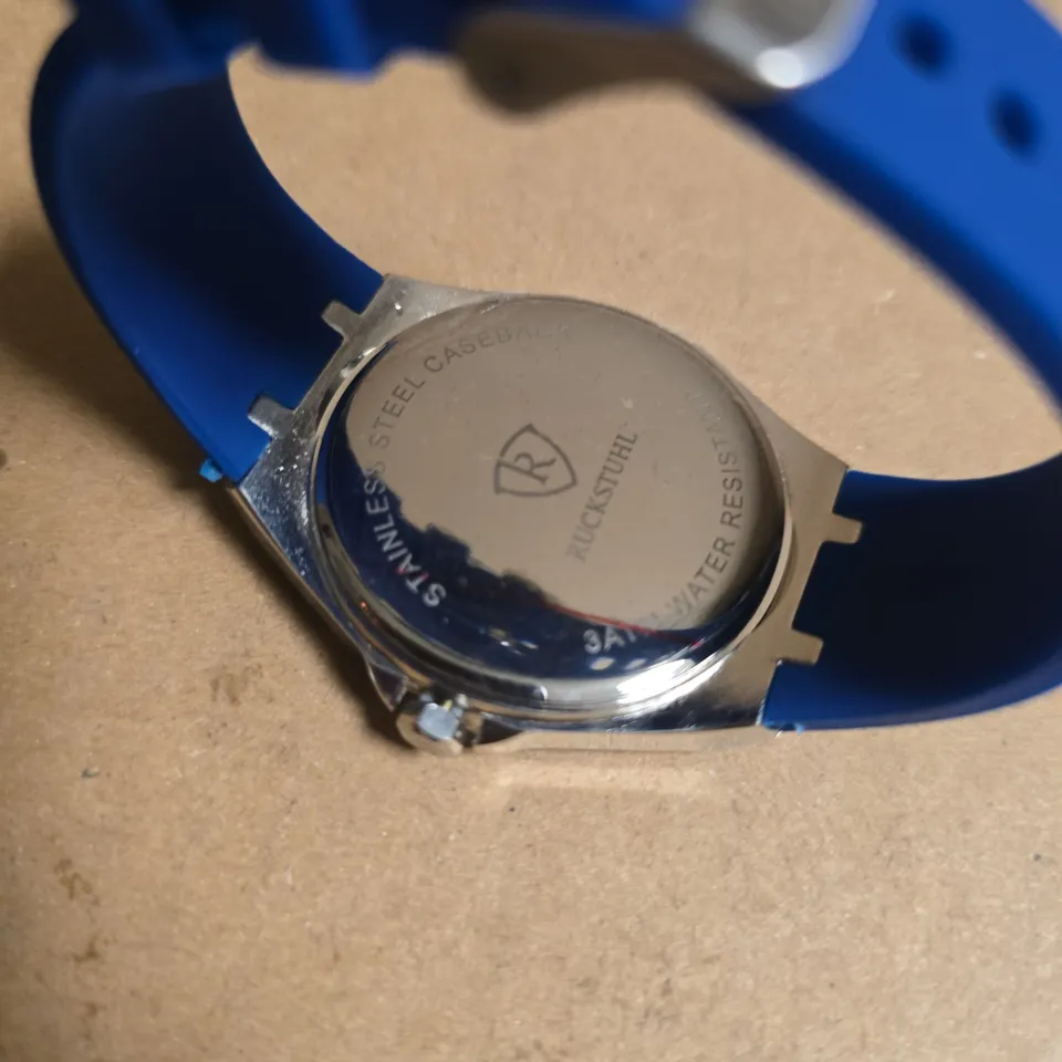 RUCKSTUHL STEEL WRISTWATCH WITH BLACK/BLUE FACE AND BLUE RUBBER STRAP