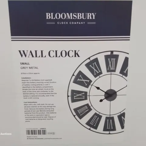 BOXED BLOOMSBURY SMALL GREY METAL WALL CLOCK