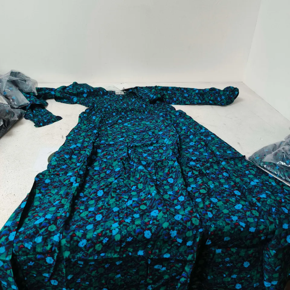 ICHI WOMEN'S FLORAL DRESS – TEAL/BLUE PRINT – UK 10 (EU 38) 
