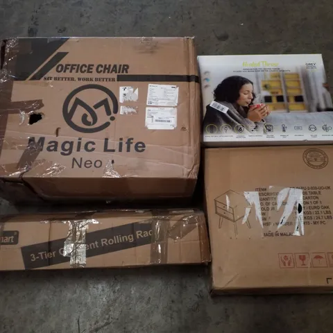 PALLET CONTAINING ASSORTED PRODUCTS INCLUDING HEATED THROW, OFFICE CHAIR, 3-TIER GARMENT ROLLING RACK & SIDE TABLE