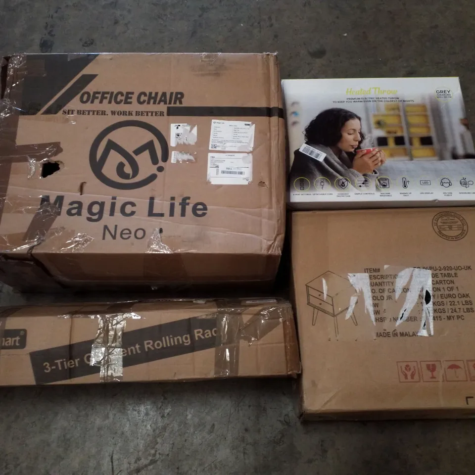 PALLET CONTAINING ASSORTED PRODUCTS INCLUDING HEATED THROW, OFFICE CHAIR, 3-TIER GARMENT ROLLING RACK & SIDE TABLE