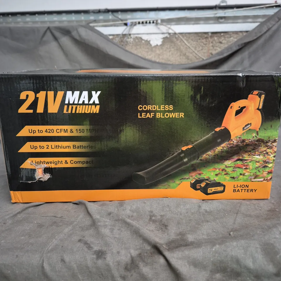 UNBRANDED CORDLESS LEAF BLOWER – 21V MAX LITHIUM, BOXED WITH MANUAL