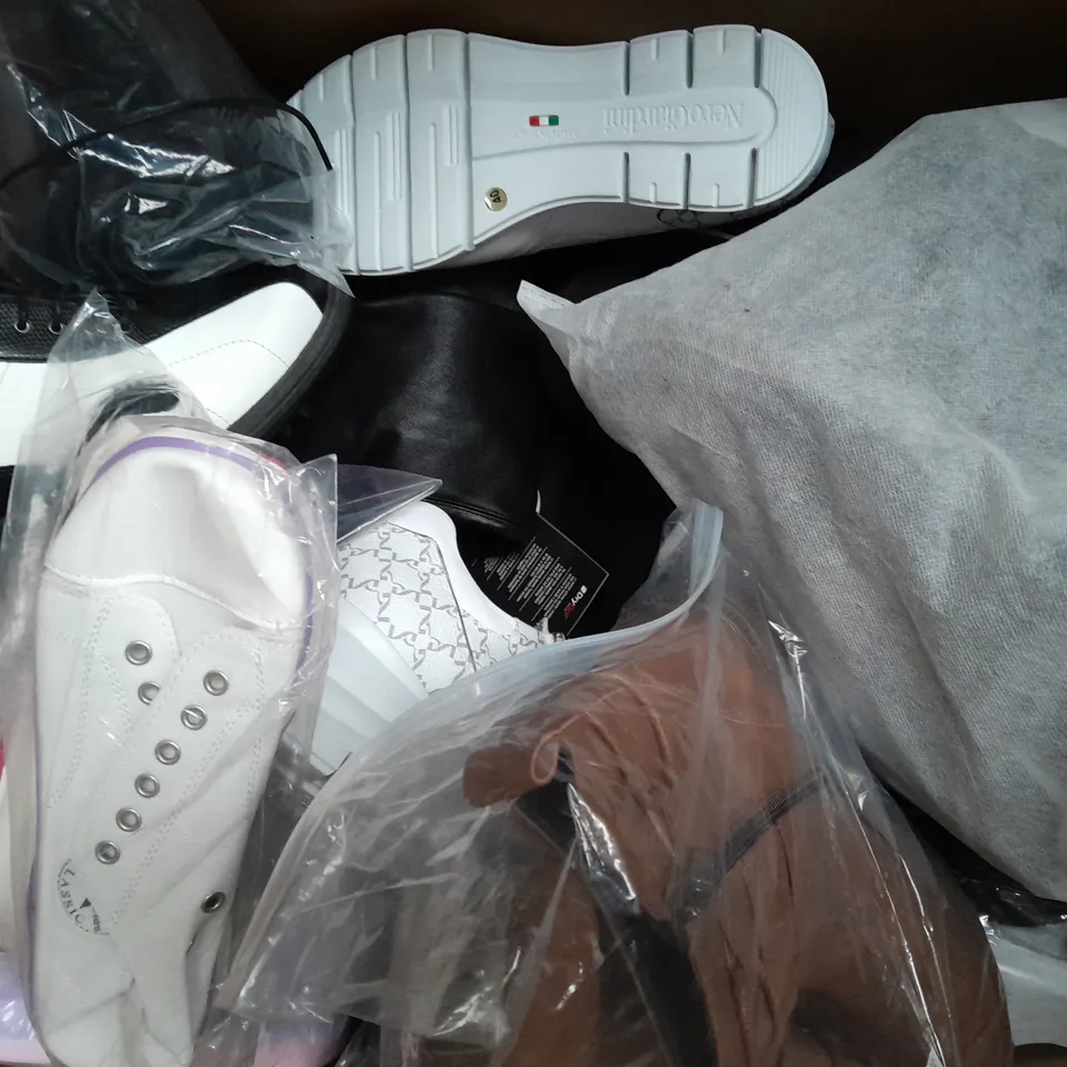 BOX OF APPROXIMATELY 10 ASSORTED PAIRS OF SHOES AND FOOTWEAR ITEMS IN VARIOUS COLOURS, STYLES, AND SIZES - COLLECTION ONLY