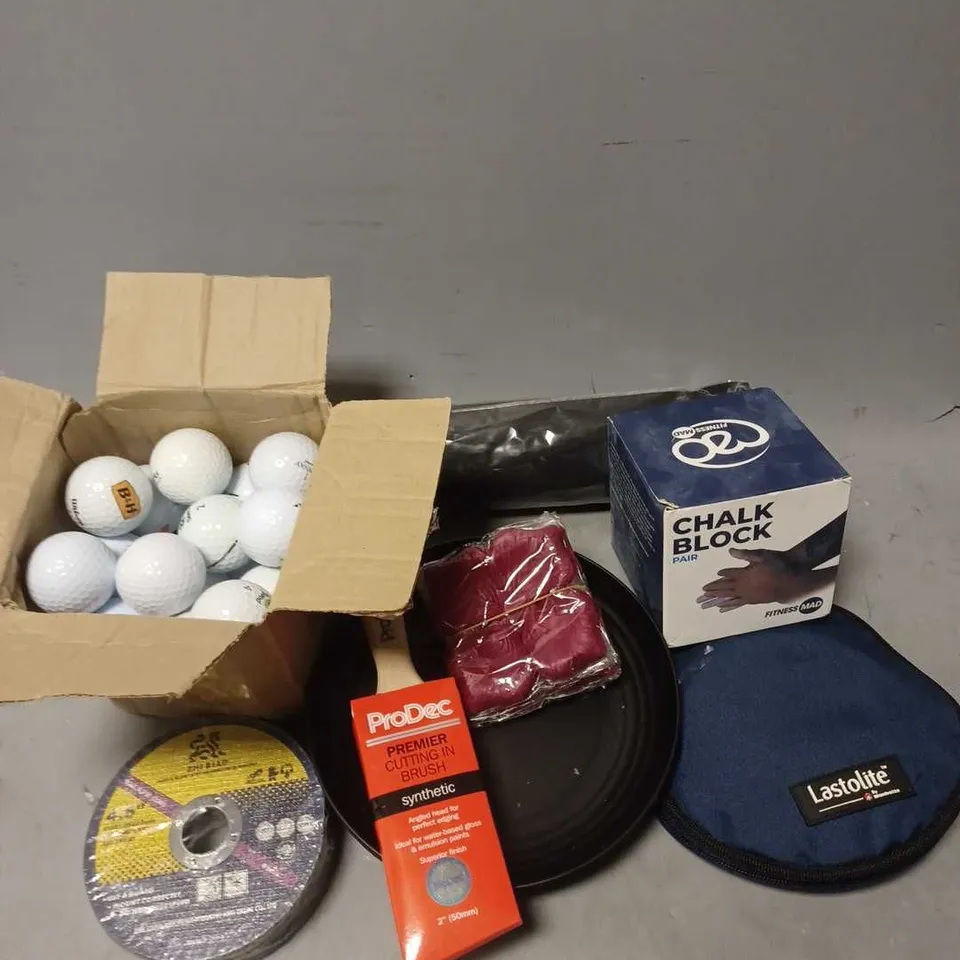 APPROXIMATELY 10 ASSORTED HOUSEHOLD ITEMS TO INCLUDE - GOLF BALLS - FITNESSMAD CHALK BLOCK - PRODEC CUTTING IN BRUSH - ETC