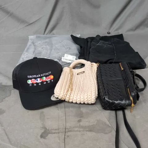 BOX OF APPROXIMATELY 20 ASSORTED CLOTHING ITEMS TO INCLUDE CAPS, BAGS, STRETCH WAIST JEANS, BLACK TROUSERS ETC