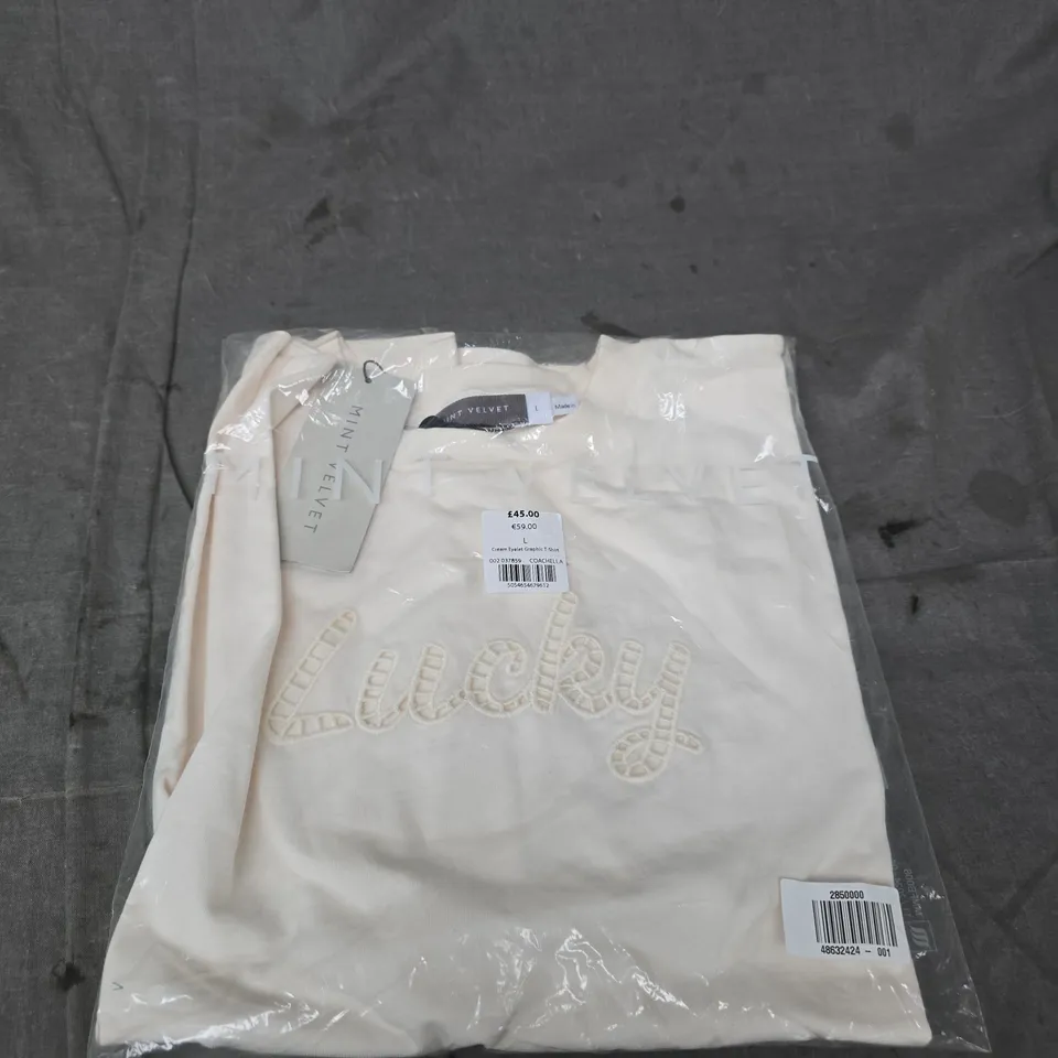 MINT VELVET COACHELLA CREAM EYELET GRAPHIC T-SHIRT, SIZE L