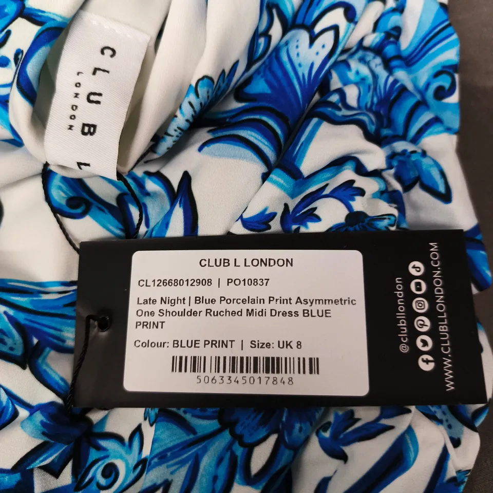 CLUB L LONDON LATE NIGHT BLUE PORCELAIN PRINT ONE-SHOULDER RUCHED MIDI DRESS UK8