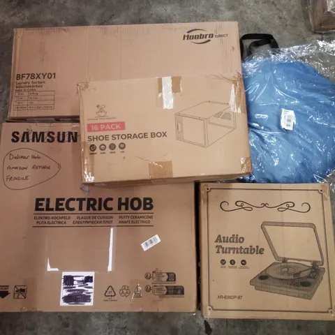 PALLET CONTAINING ASSORTED PRODUCTS INCLUDING AUDIO TURNTABLE, ELECTRIC HOB, SHOE STORAGE BOX, LAUNDRY SORTERS & POP UP TENT