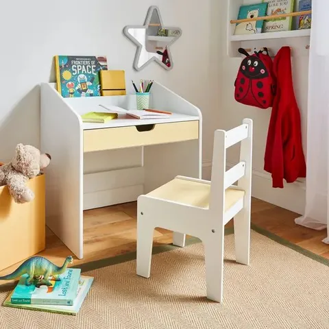 BOXED DUNELM KIDS FLIP DESK WITH CHAIRS - WHITE/NATURAL (1 BOX)