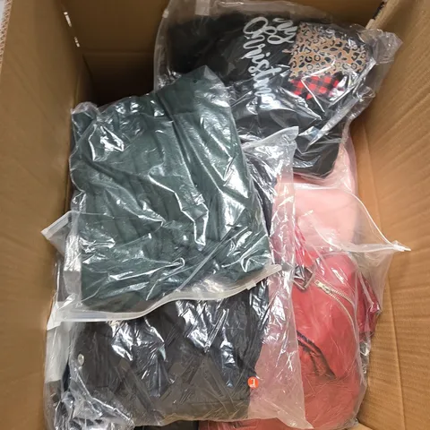 LARGE BOX OF ASSORTED CLOTHING ITEMS IN VARIOUS SIZES, STYLES AND COLOUR 