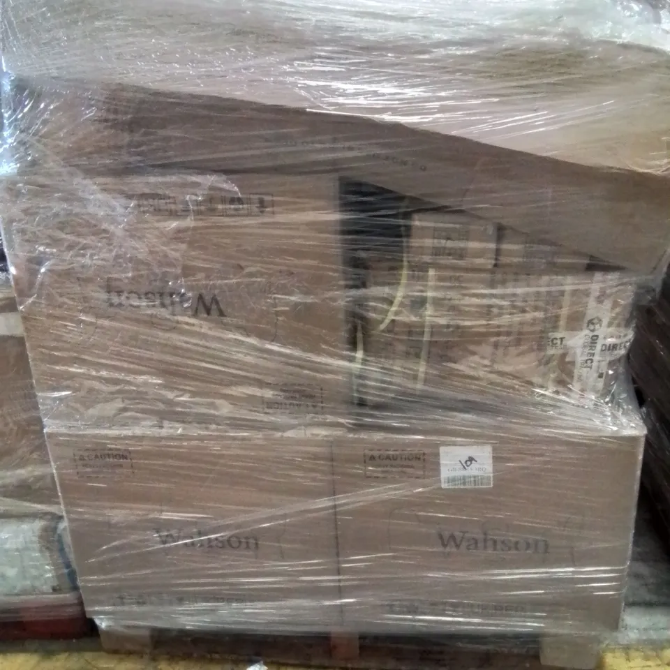 PALLET CONTAINING VARIOUS ASSORTED BOXED ITEMS TO INCLUDE. SIDE CHAIRS, WALL MIRROR AND LOTS MORE UNMARKED BOXED ITEMS 