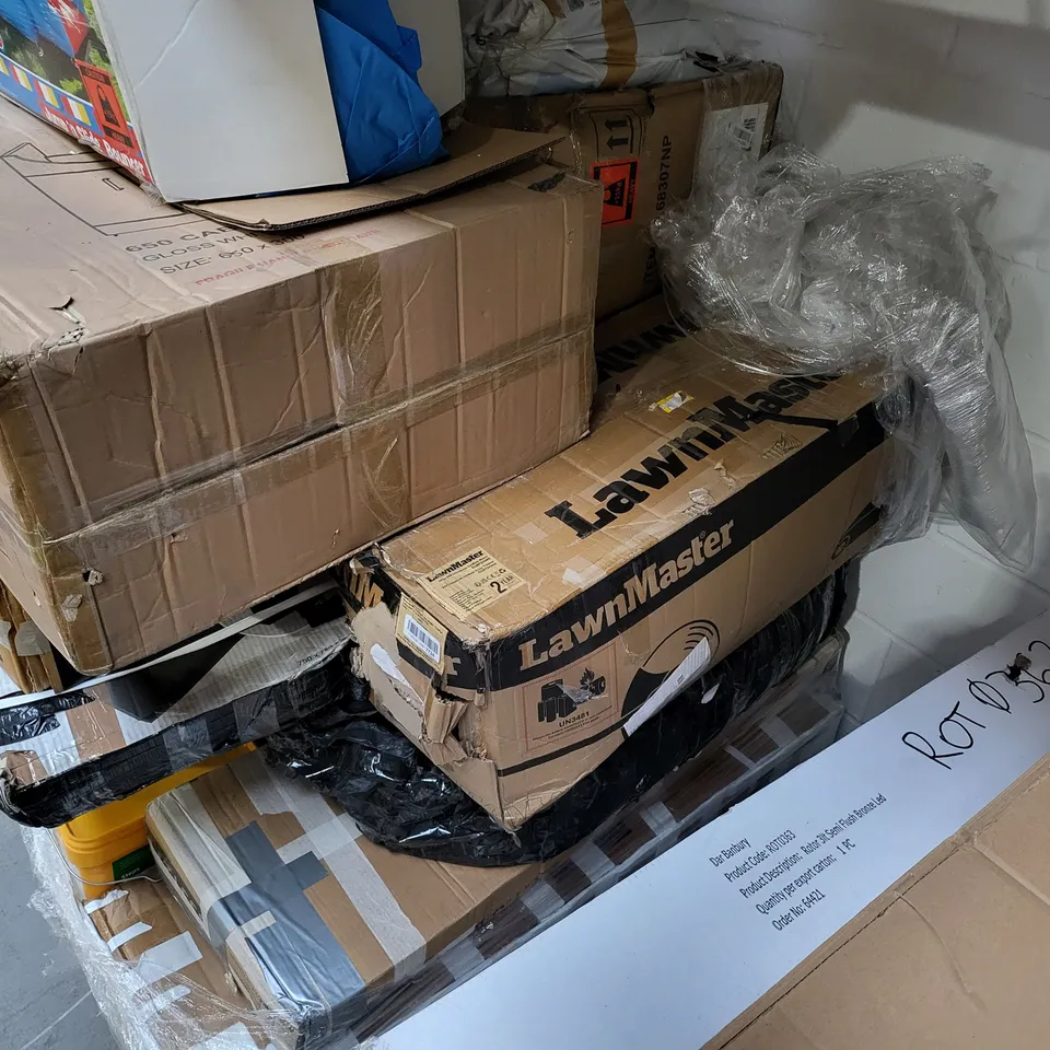 PALLET OF APPROXIMATELY 15 ASSORTED APPLIANCES, HOBBY AND LEISURE ITEMS TO INCLUDE LITTLE TIKES JUMP N' SLIDE BOUNCER, INTEX XPLORER K2 INFLATABLE KAYAK, GLOSS WHITE BATHROOM SINK CABINET, ETC