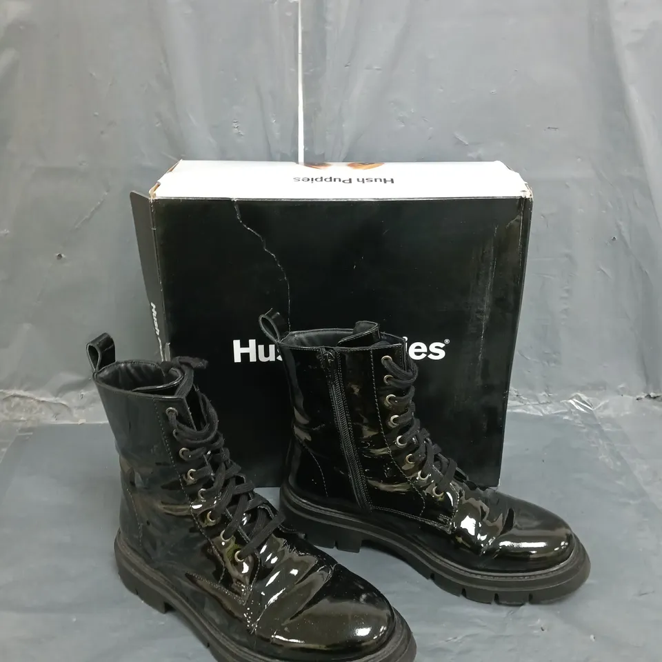 BOXED PAIR OF HUSH PUPPIES RHEA PATENT LACE BOOT BLACK UK 6